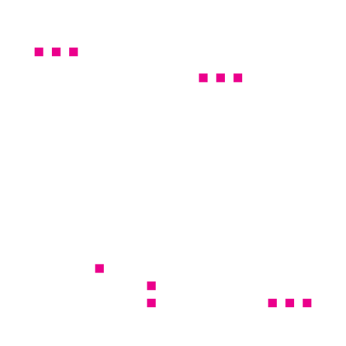Graphic design of an eye with geometric shapes, lines, and pink accents on a black background.