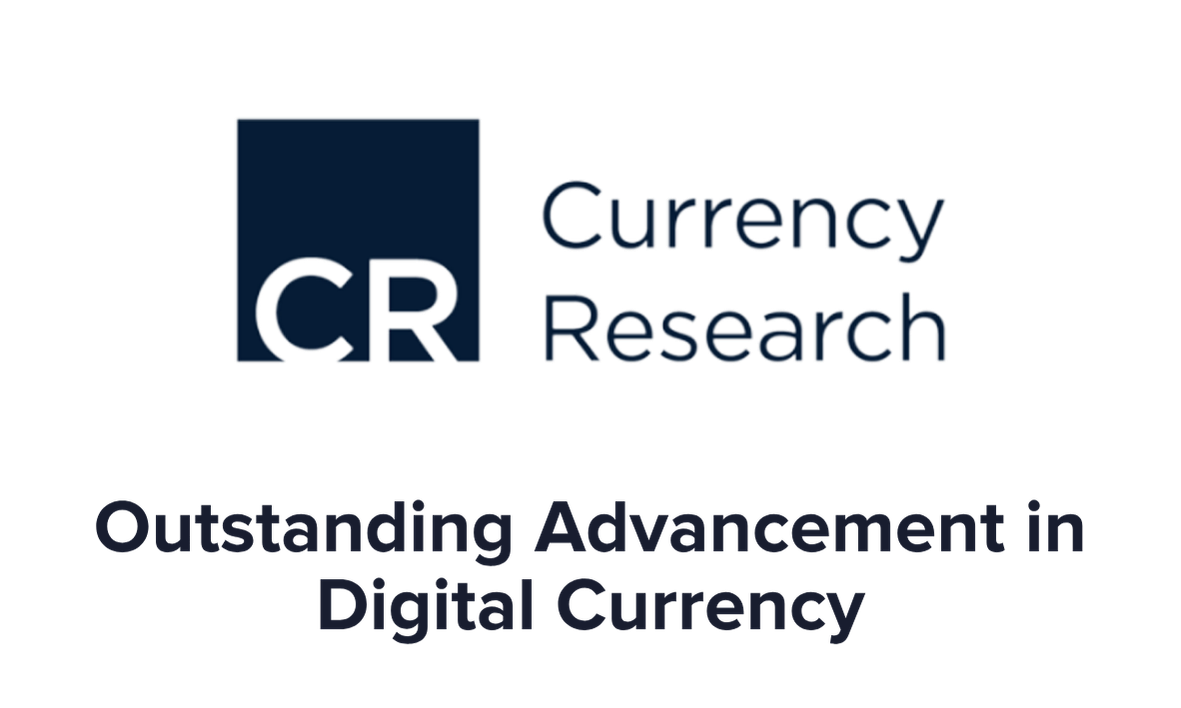 Logo for Currency Research with the text 'Outstanding Advancement in Digital Currency'.