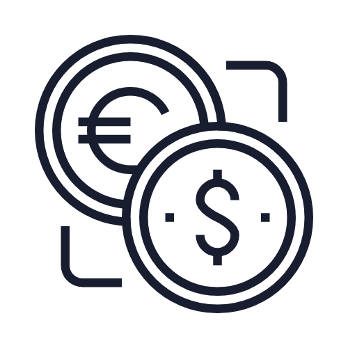 Icon of a dollar sign and euro sign with a framing box around them, representing currency exchange or financial transaction.
