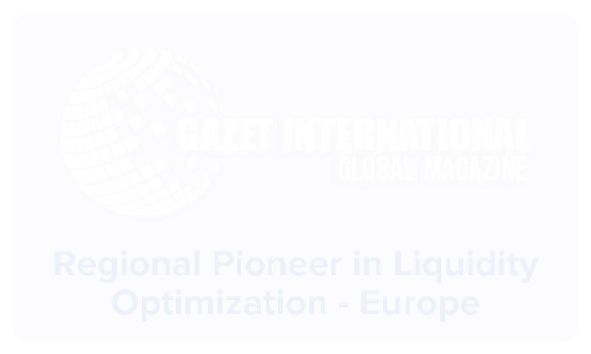 Logo of Gazette International Global Magazine with a globe graphic, and text indicating regional pioneering in liquidity optimization in Europe.