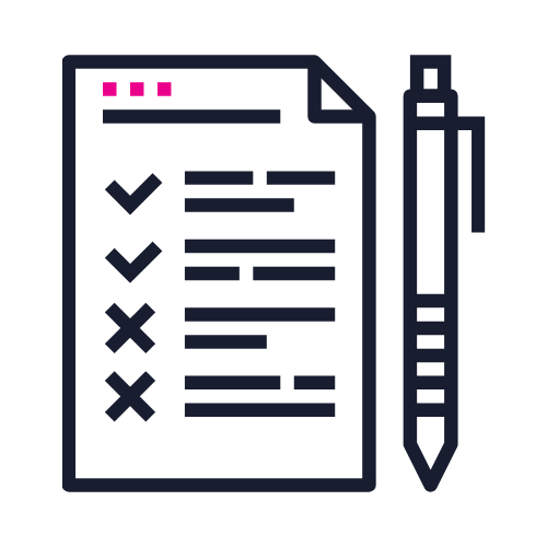 A checklist document with checkmarks and crosses, and a pen beside it.