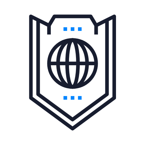 Icon of a shield with a globe in the center, indicating global security or cybersecurity.