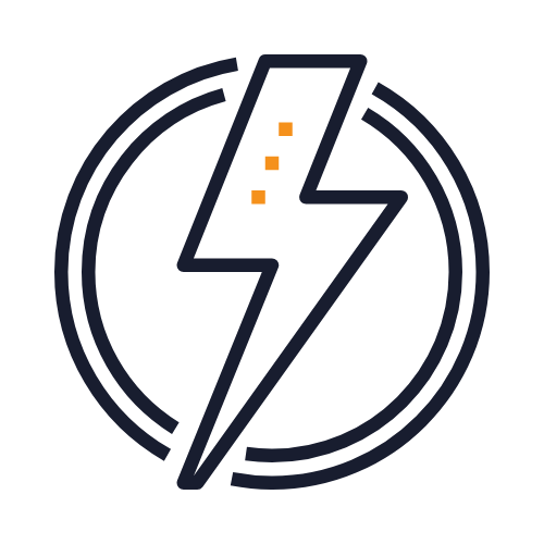 A lightning bolt icon with a circular outline and three orange dots on the upper part, representing electricity or power.