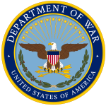 Seal of the U.S. Department of War, featuring an eagle with a shield, olive branch, and arrows, surrounded by a blue ring with gold text.