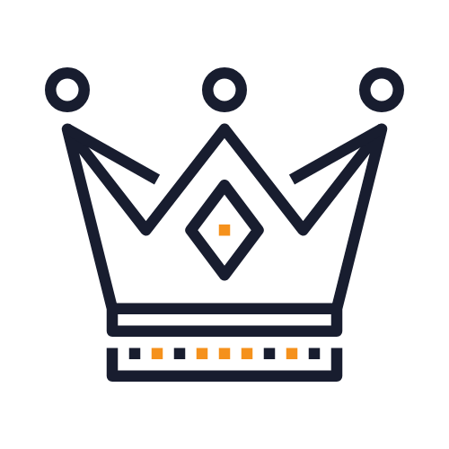 Stylized crown with three points, small decorative elements, and a diamond shapes in the center, outlined with dark lines and accented with orange details.