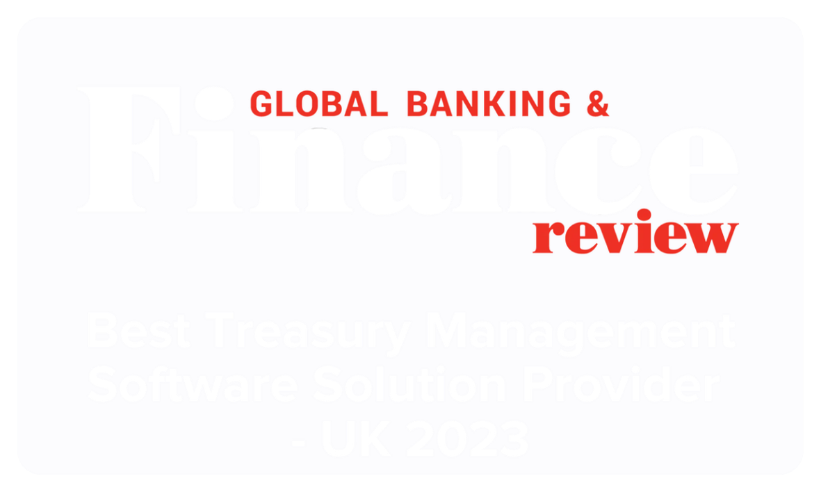 Cover page of a report titled 'Global Banking & Finance Review: Best Treasury Management Software Solution Provider - UK 2023' with the words 'Finance' and 'review' in large white and red text, respectively.