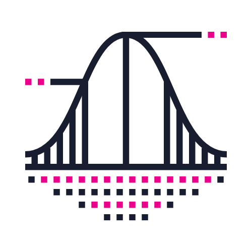 Bell-shaped normal distribution graph with dashed lines and dotted points in pink.