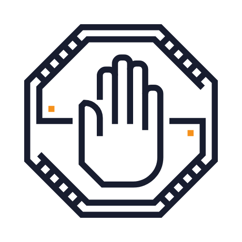 A digital warning sign with a hand raised in a stop gesture, surrounded by an octagonal border with dotted lines and two small orange squares.