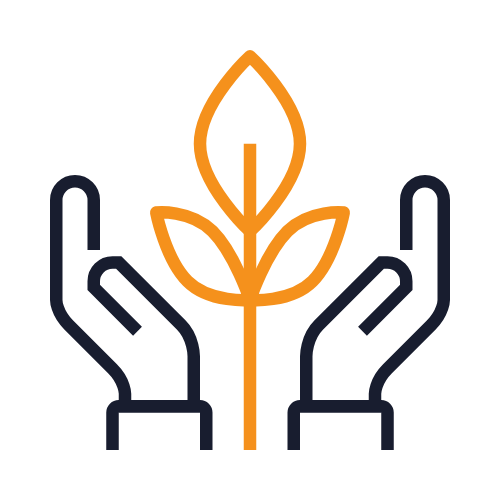 Sustainability - Two hands cupping a plant with three leaves, symbolizing growth and environmental care.