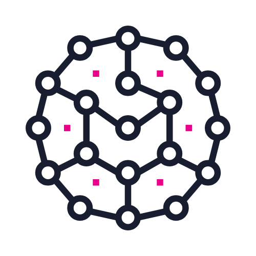 A diagram of a molecular structure with interconnected rings and pink highlighted atoms on a black background.
