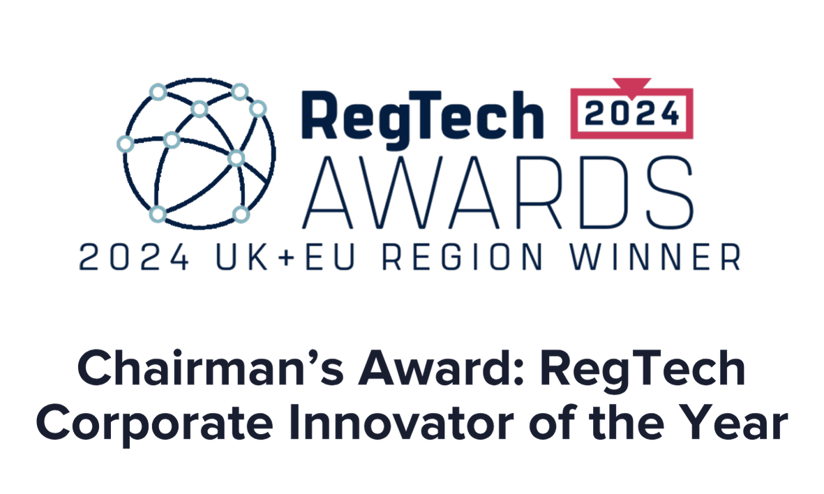 Logo for the 2024 RegTech Awards, UK and EU region winner, featuring a globe with interconnected points, and text stating "RegTech 2024 Awards, 2024 UK+EU Region Winner, Chairman's Award: RegTech Corporate Innovator of the Year."