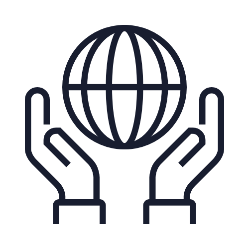 Outline of two hands holding a globe with latitude and longitude lines.