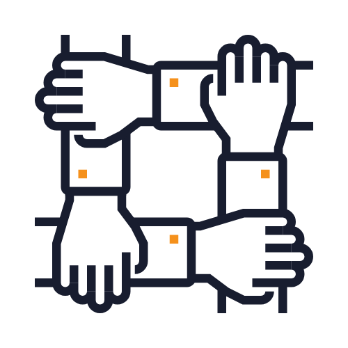 Four interconnected hands holding wrists forming a square, with orange dots at each connection point.