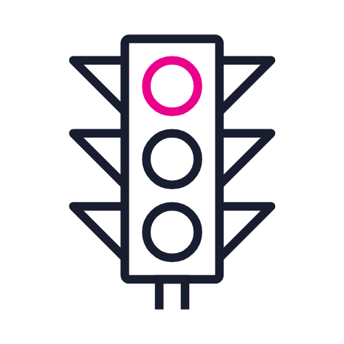 Neon outline of a traffic light with one lit red light and two unlit gray lights on a black background.