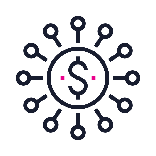 Icon of a dollar sign in the center surrounded by various small circles connected to the center, representing financial network or economy.