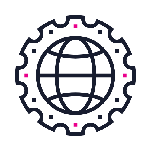 Icon of a globe with grid lines inside a gear, representing global technology or international engineering.