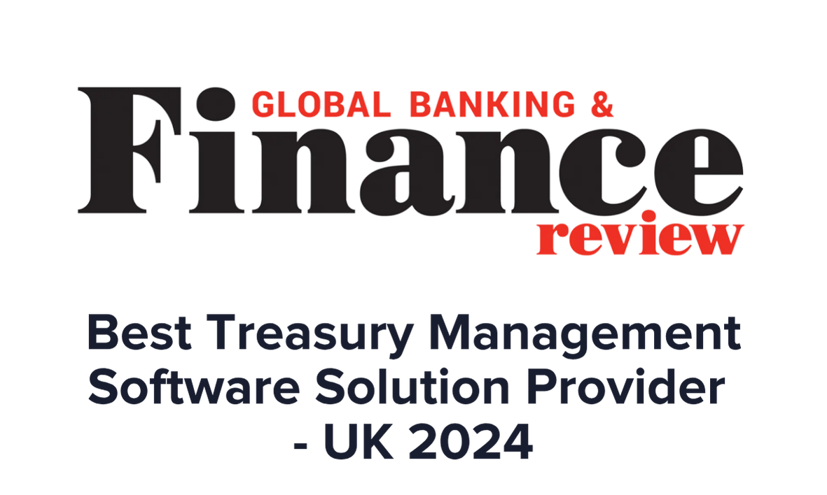 Graphic with the words 'Global Banking & Finance Review' in red and black, and 'Best Treasury Management Software Solution Provider UK 2024' in dark blue.