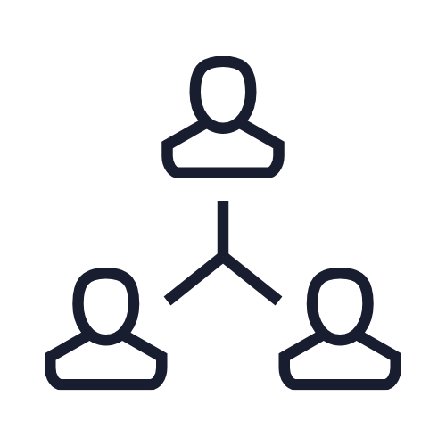 A simple organizational chart diagram showing one person at the top connected to three people below by lines.