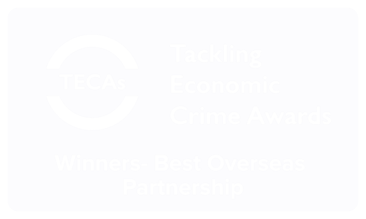 Text on a light background that reads 'TECAS', 'Tackling Economic Crime Awards', and 'Winners - Best Overseas Partnership'.