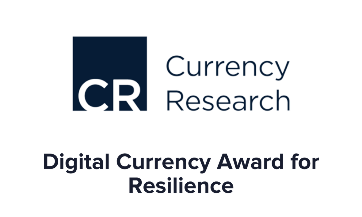 Logo for Cryptocurrency Research with a dark blue square containing 'CR', and the words 'Currency Research' beside it. The text 'Digital Currency Award for Resilience' is also visible.