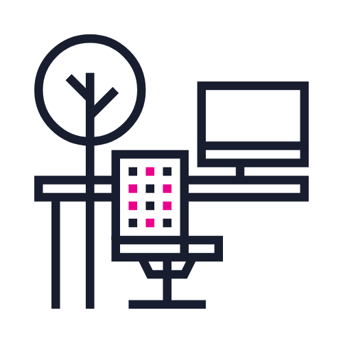 Remote- First Policy dark Line drawing of a desk with a potted plant, a smartphone, a computer monitor, and a chair