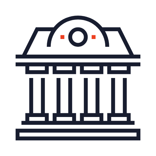 Governance - Outline illustration of a classical building with columns and a triangular pediment.