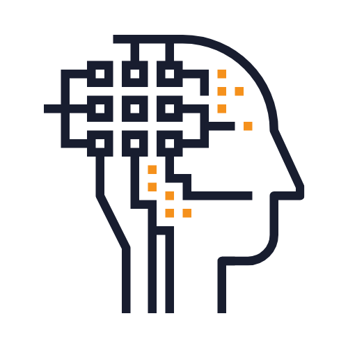 Digital illustration of a human head profile with a maze pattern inside, connected to orange data points outside the head, symbolizing artificial intelligence or data processing.