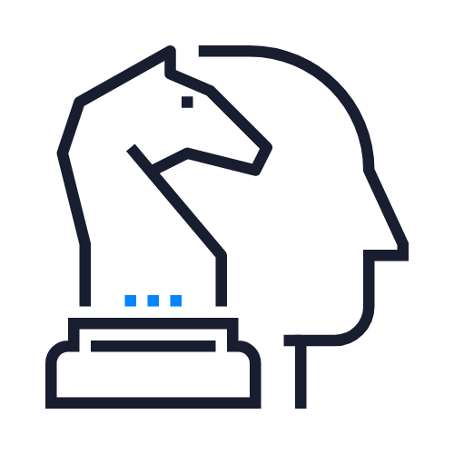 Minimalist line drawing of a horse emerging from a human head silhouette, symbolizing the concept of the horse's influence or connection to the mind.