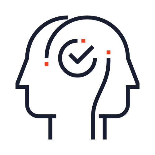 Human Rights - Outline illustration of two human heads facing opposite each other with a checkmark inside a circle at the top center.