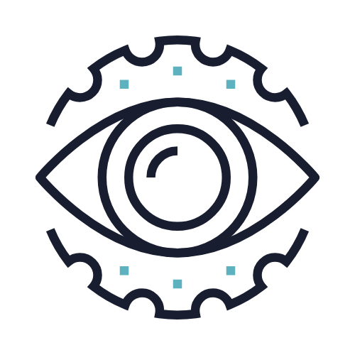 Line art illustration of a stylized eye with digital or technological design elements.