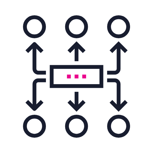 Diagram of a process flow with six circles, arrows pointing between them, and a central rectangle with three pink dots.