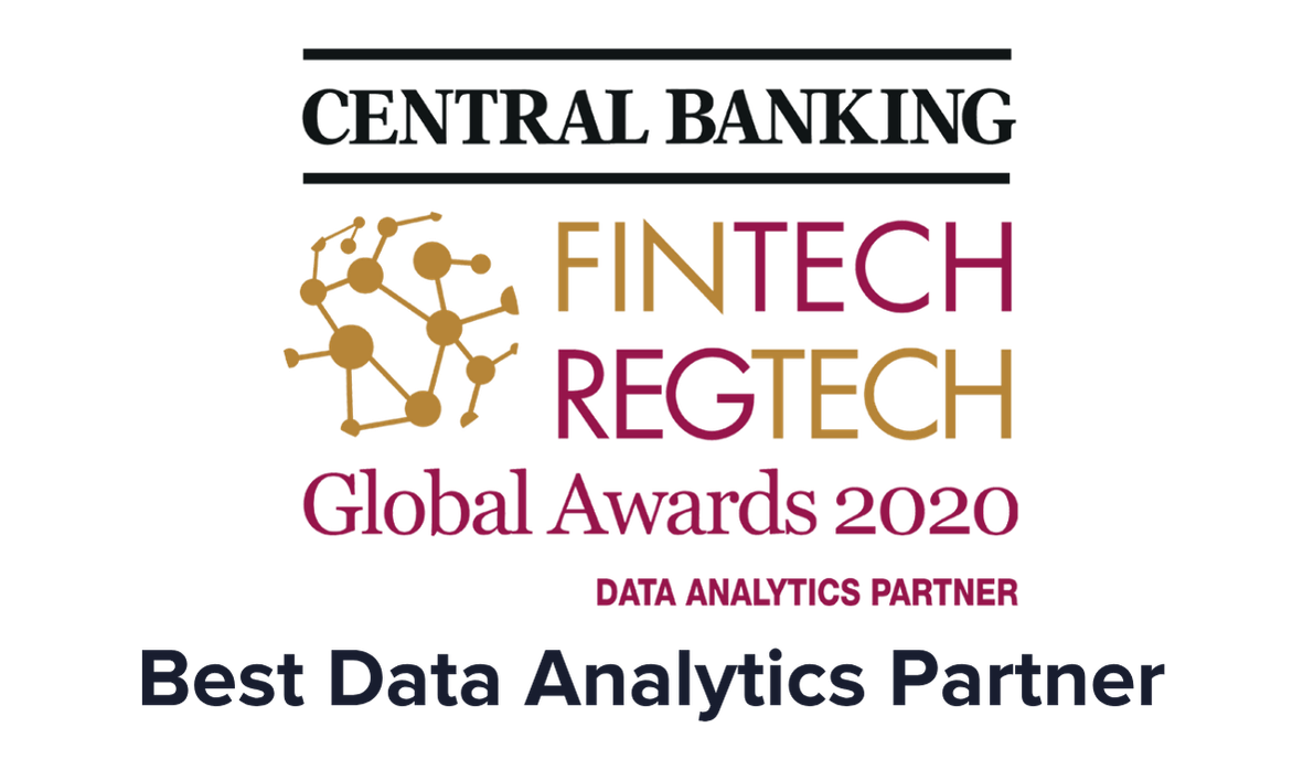 Graphic featuring the logos of Central Banking, FinTech Recruit, Global Awards 2020, and Best Data Analytics Partner, with a stylized molecular structure in gold.