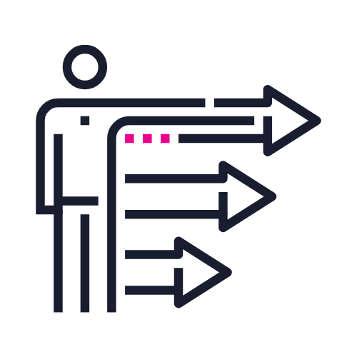 An infographic showing a person with directional arrows pointing outward, indicating options or choices, with pink squares near the person's head.