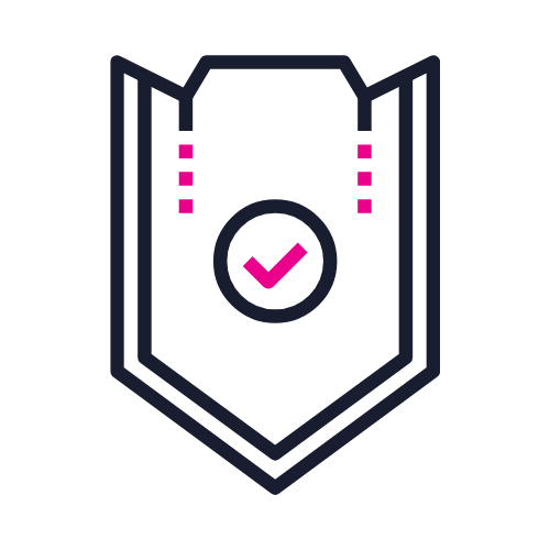 Stylized shield with a checkmark in the center and pink accents on either side.
