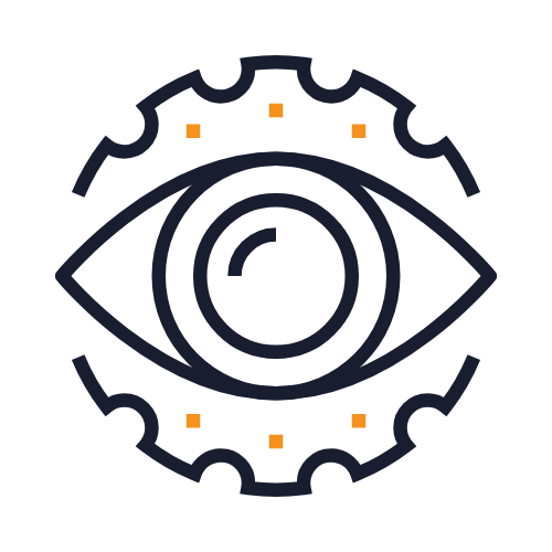 A stylized eye icon with a gear and circuit elements, representing technology or surveillance.