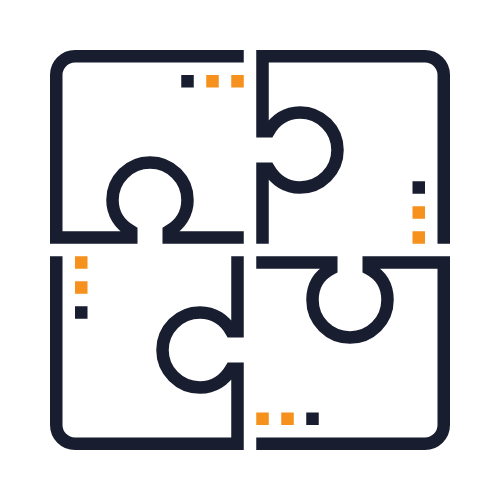 A black line drawing of a four-piece jigsaw puzzle with dotted orange accents on each piece.