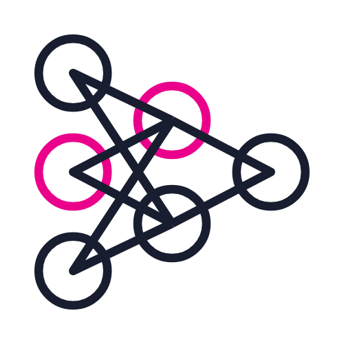 A geometric design featuring interconnected circles with lines on a black background, with some circles highlighted in pink.
