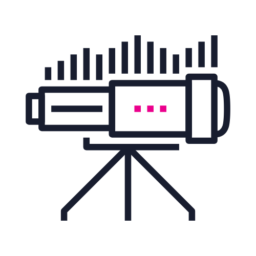Animation of a telescope with a star chart and a delivery truck icon in the background.