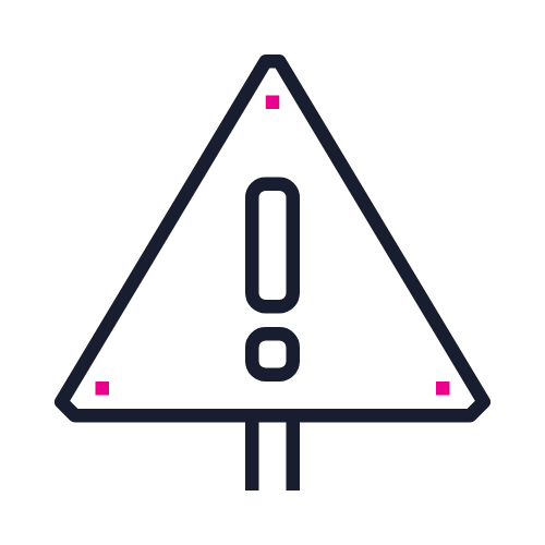 A digital warning sign in the shape of a tree with an exclamation mark and pink squares at each corner.