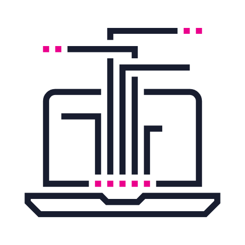A digital illustration of a laptop with lines representing data or connections, and pink dots indicating points of interest or activity.