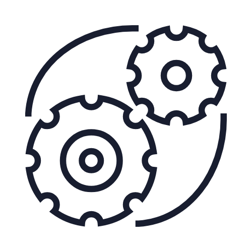 Line drawing of interconnected gears, symbolizing machinery or processes.