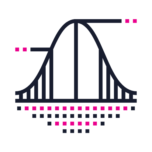 Graphic depicting a bell curve with pink data points and grid lines on a black background.