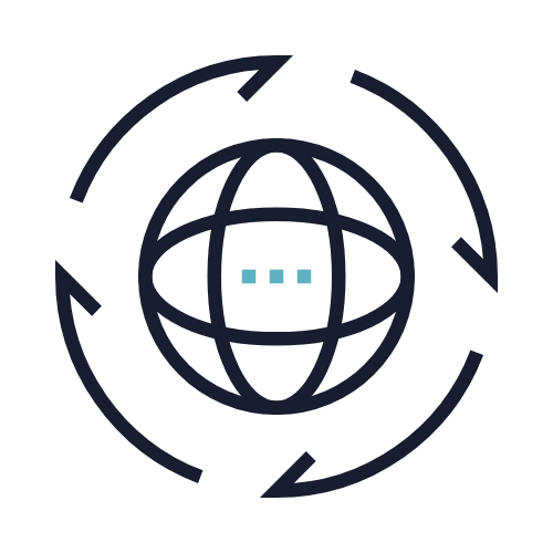 Digital globe surrounded by circular arrows, indicating global connectivity or data exchange.