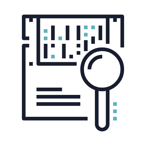 Icon of a document with a magnifying glass examining bar charts and data.