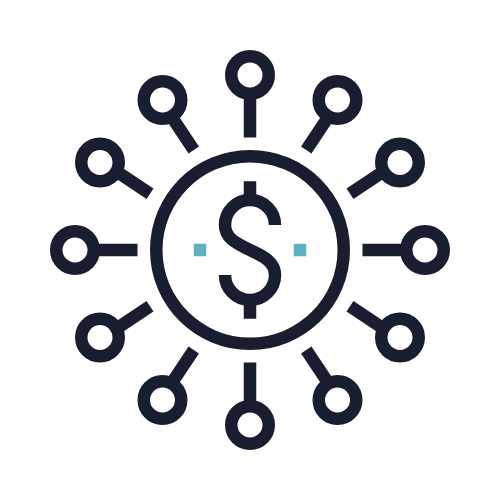 Icon of a dollar sign surrounded by connected nodes, representing financial network or digital currency.