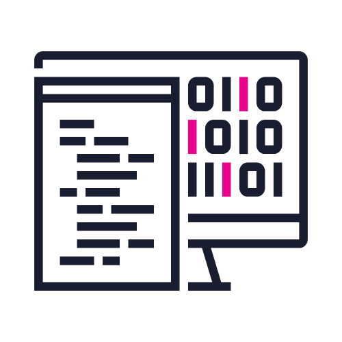 Icon of a computer and a sheet of paper with binary code and lines of code displayed.