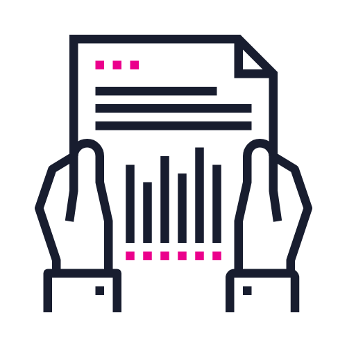 Outline of hands holding a document with text and bar graph, with pink dots and lines.