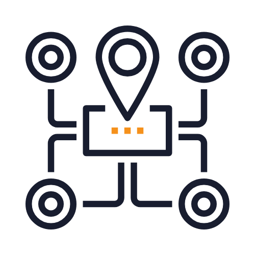 A digital graphic of a network with interconnected nodes, a map pin in the center, and lines connecting to four circular nodes, representing connectivity or location tracking.