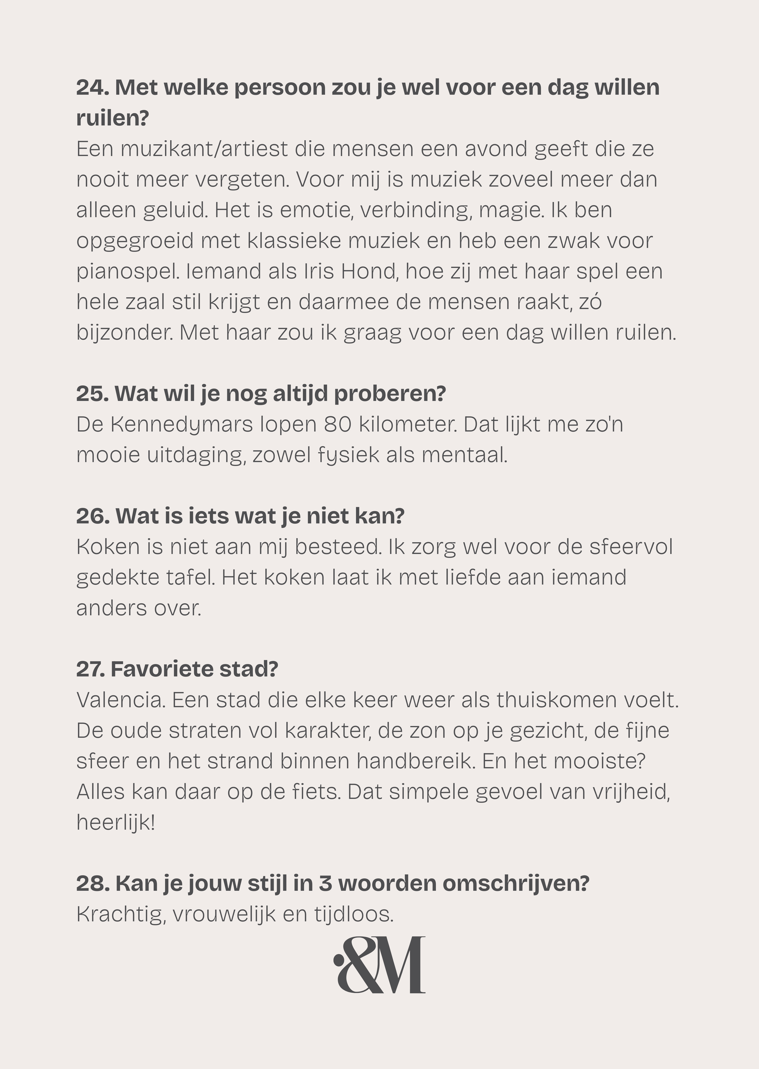 Tekst met vragen en antwoorden over persoonlijke voorkeuren, hobby's en stad, met een Indexandmore logo onderaan.