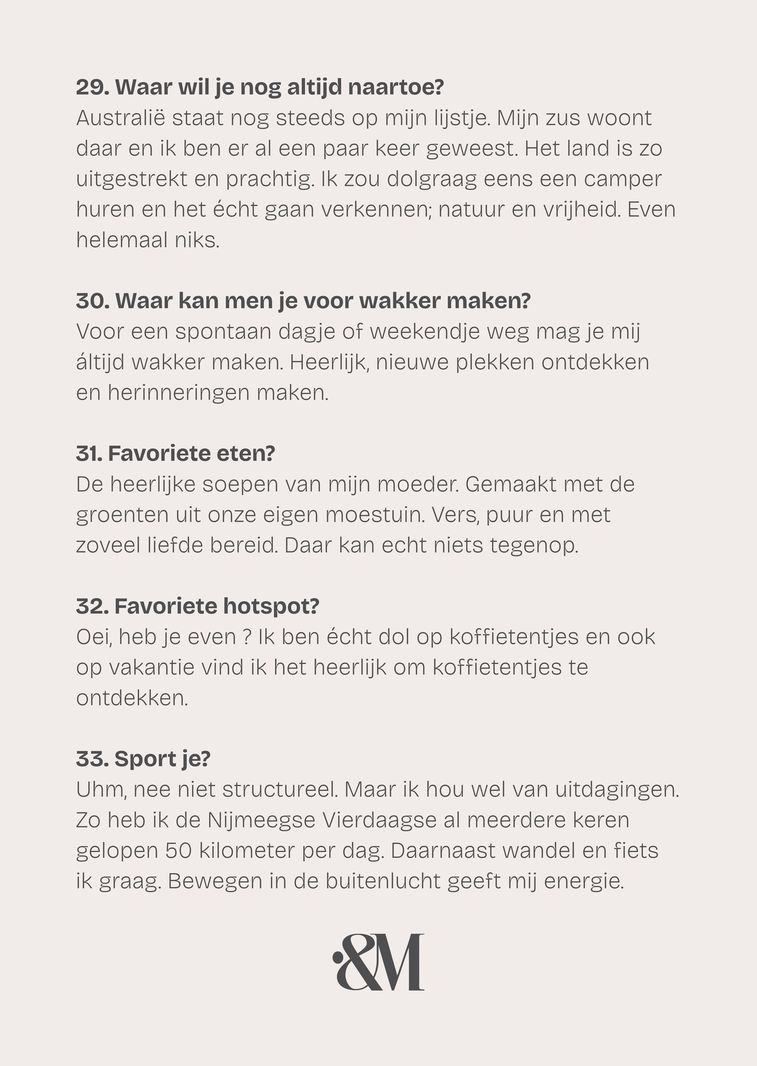 Tekst met vragen en antwoorden over persoonlijke voorkeuren, met een Indexandmore logo onderaan.